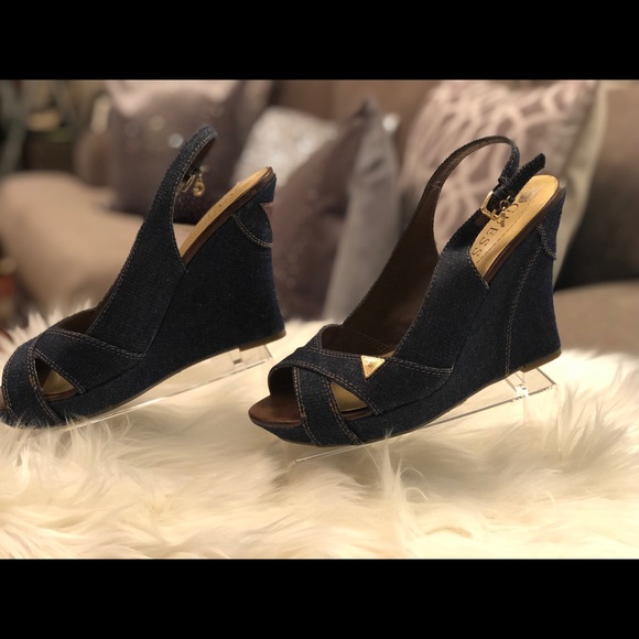 GUESS Tilden Denim Peep Toe Wedges - Picture 1 of 5